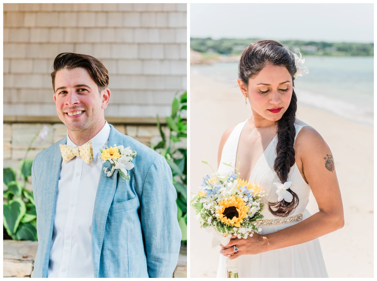 Individual bride and groom portraits for their summer Cape Cod beach wedding