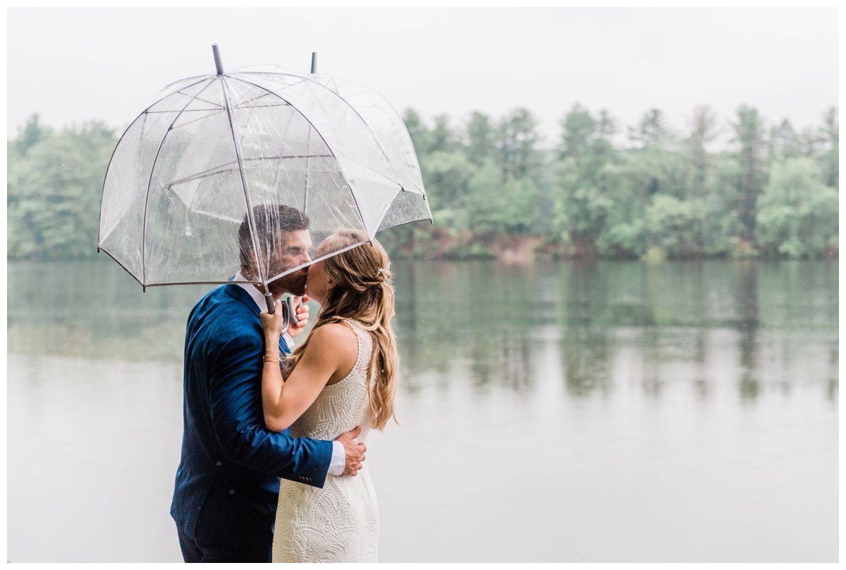 bride and groom kissing under matching umbrellas at Warren Conference Center along the waterfront