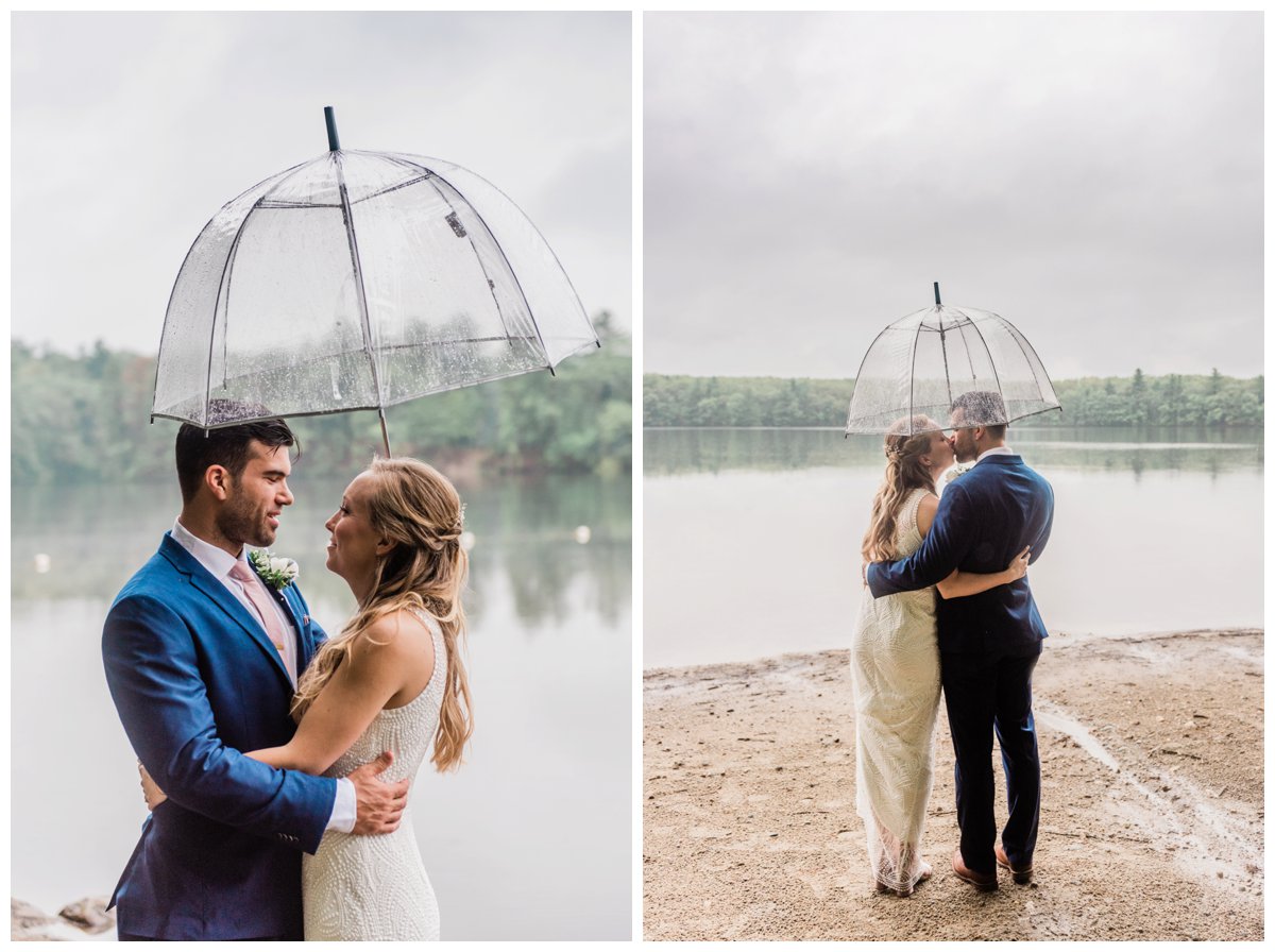 bride and groom kissing under umbrella