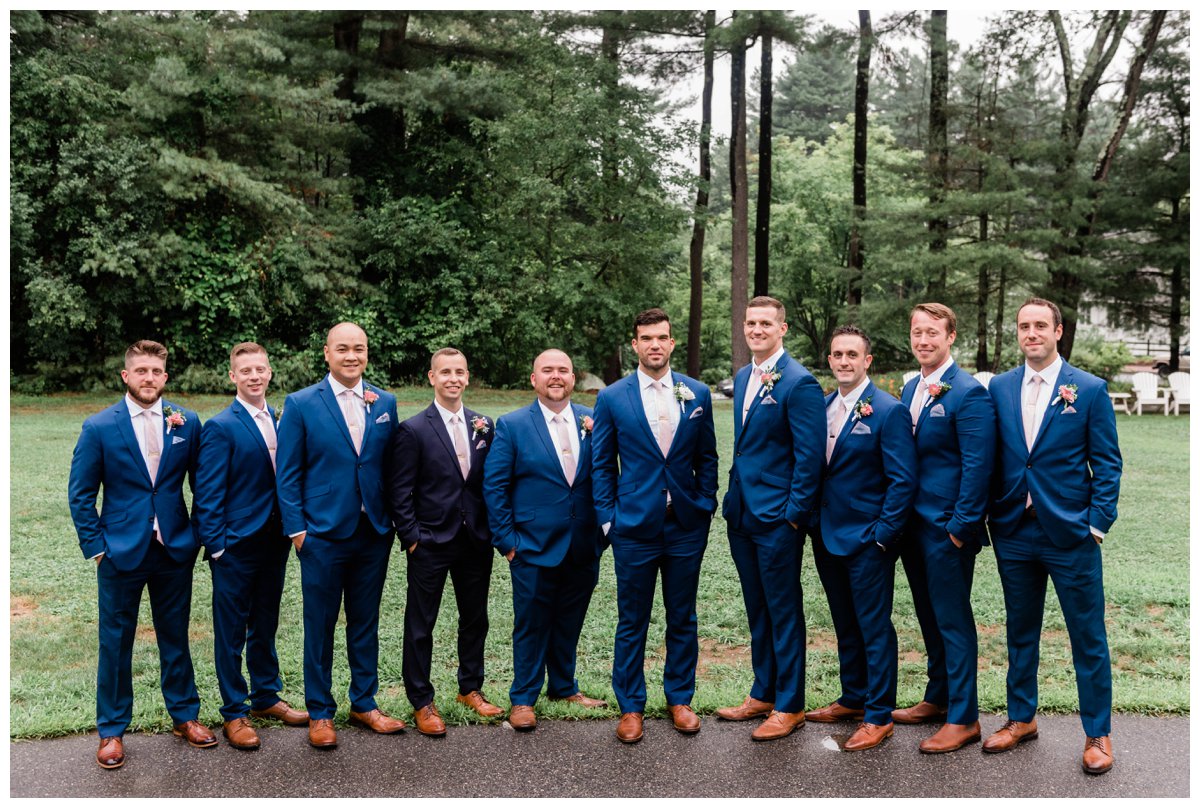 Warren Conference wedding groomsmen portrait matching blue suits brown shoes