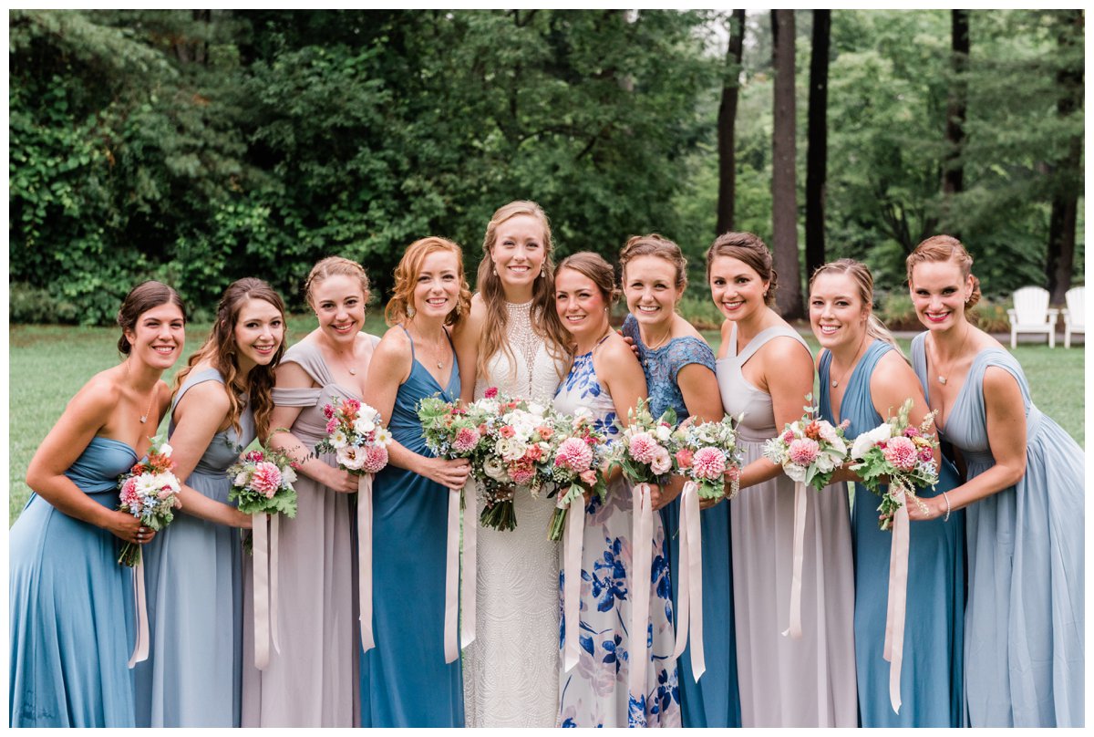 Warren Conference wedding bridesmaids blue dresses different styles dahlia bouquets with long ribbon