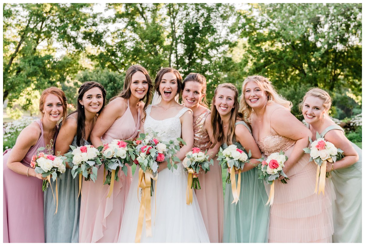 bride and bridesmaids formal laughing