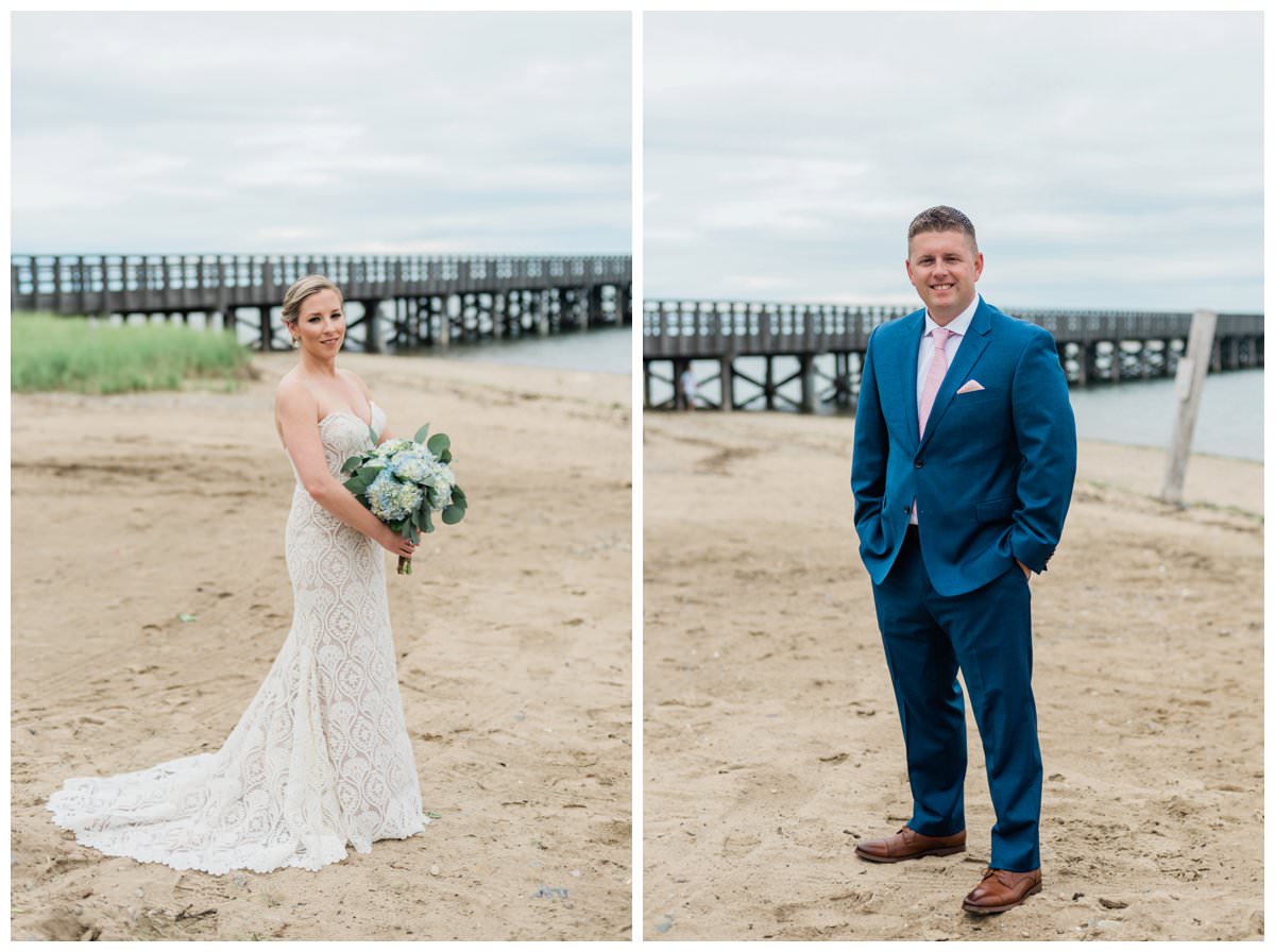 bride and groom portraits at powder point bridge on duxbury beach