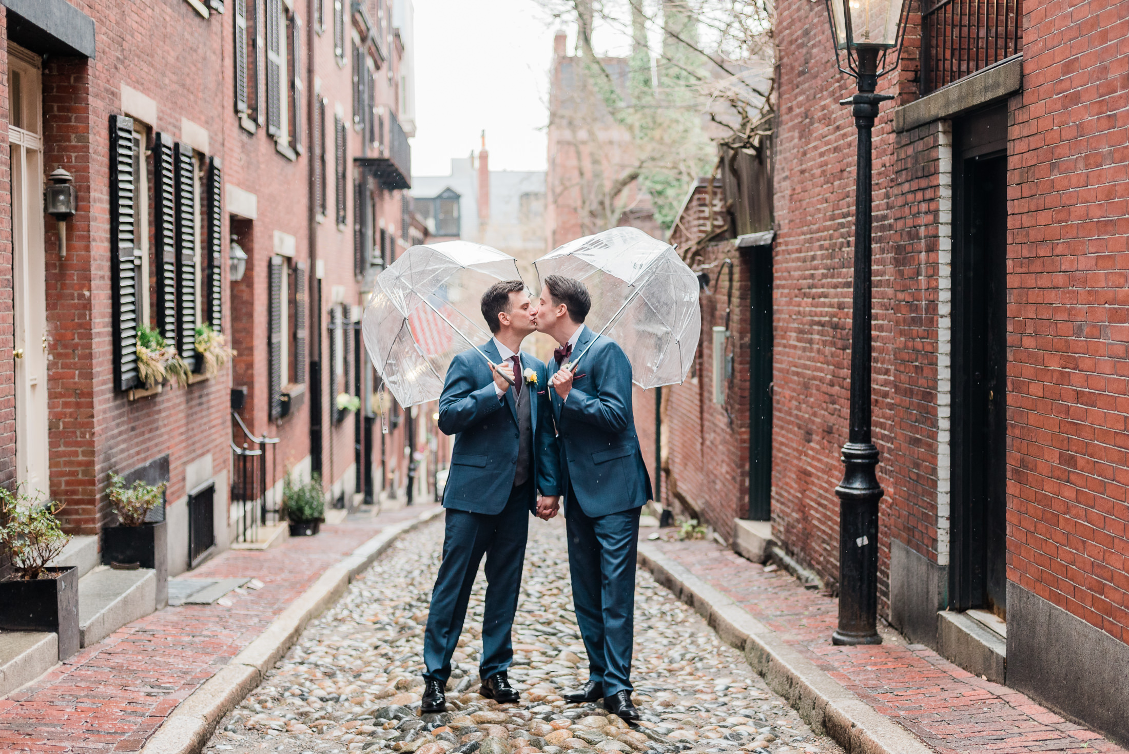 a wedding portrait of two grooms in beacon hill neighborhood of boston, MA