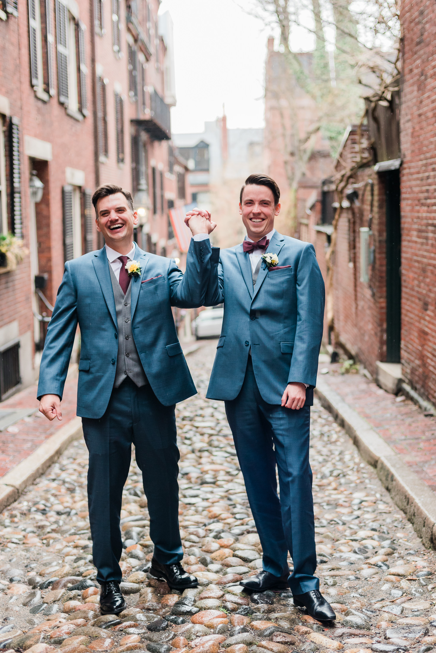 Portrait of two grooms in Beacon Hill neighborhood of Boston, MA after Cambridge City Hall elopement